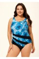 Plus Size Modest Colorblock Floral Print Round Neck One Piece Swimsuit