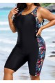 Plants Print Scoop Neck Athletic Boyleg Tummy Rash Guard Control One Piece Swimsuit