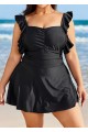Black Square Neck Ruffled Pleated One Piece Swimsuit