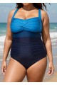 Blue Panelled Twist Front Modest Plus Size One Piece Swimsuit