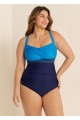 Blue Panelled Twist Front Modest Plus Size One Piece Swimsuit