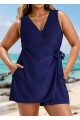 Plus Size Blue Drawstring Pocket 1 Piece Bathing Suits Romper One Piece Swimsuit