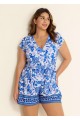 Blue White Floral Short Sleeves Wrap Pocket Curvy One Piece Swimsuit Swim Romper