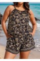 Plus Size Black Print High Neck Hollow With Pocket One Piece Swimsuit Swim Romper