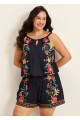 Plus Size Black Tropical Floral Keyhole Neck Modest Pocket Swimsuit One Piece Swim Romper