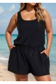 Plus Size Black Wide Strap Pocket 1 Piece Bathing Suits Romper One Piece Swimsuit