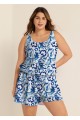 Curvy Blue And White Floral Vintage Wide Straps Pocket Swimsuit One Piece Swim Romper