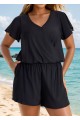 Black Short Sleeves Pocket Curvy 1 Piece Bathing Suits Romper One Piece Swimsuit