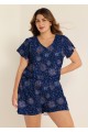 Curvy Navy Blue Floral Print Upf50+ Short Sleeves Pocket Swimsuit One Piece Swim Romper