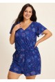 Curvy Navy Blue Floral Print Upf50+ Short Sleeves Pocket Swimsuit One Piece Swim Romper