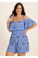 Curvy Blue Floral Print Off The Shoulder Flattering Ruffle Swimsuit One Piece Swim Romper