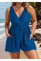 Blue Pocket Lace Up Plus Size 1 Piece Bathing Suits One Piece Swimsuit