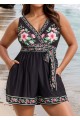 Black Floral Pocket Lace Up V Neck Wrap Curvy One Piece Swimsuit Swim Romper
