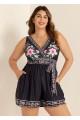 Black Floral Pocket Lace Up V Neck Wrap Curvy One Piece Swimsuit Swim Romper