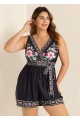 Black Floral Pocket Lace Up V Neck Wrap Curvy One Piece Swimsuit Swim Romper