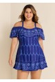 Plus Size  Navy Off The Shoulder Line Flowers Women One Piece Swimdress