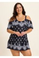 Plus Size Baroque Pattern Print Off The Shoulder Modest Women's Swimsuit One Piece Swimdress