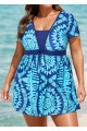 Plus Size Blue Geometric Print Short Sleeve Swimdress Top