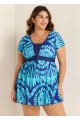 Plus Size Blue Geometric Print Short Sleeve Swimdress Top