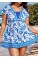 Blue White Floral Color Block Curvy Swimsuit Swimdress Top