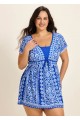 Curvy Blue And White Floral Short Sleeves Modest Padded Women's Swimsuit Swimdress Top