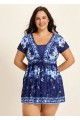 Blue Floral Short Sleeves Vintage Padded Plus Size Women's Swimsuit Swimdress Top