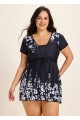 Black Floral Short Sleeves Modest Padded Curvy Women's Swimsuit Swimdress Top