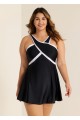 Black And White Cross Front High Neck One Piece Swimdress