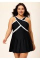 Black And White Cross Front High Neck One Piece Swimdress
