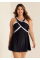 Black And White Cross Front High Neck One Piece Swimdress