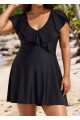 Plus Size Black  V Neck Sleeves Swimdress Set