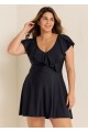 Plus Size Black  V Neck Sleeves Swimdress Set