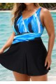 Blue Trendy Ombre V-Neck Flattering  Swimdress Top