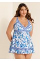White And Blue V-Neck Floral Patterns Swimdress Set