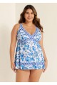White And Blue V-Neck Floral Patterns Swimdress Set