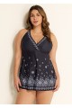 Black Paisley Print V Neck Wrap Plus Size Swimming Suits For Womens Swimdress Set
