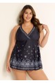 Black Paisley Print V Neck Wrap Plus Size Swimming Suits For Womens Swimdress Set