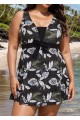 Plus Size Black Leaf Print Vintage Swimsuit With Shorts Swimdress Set