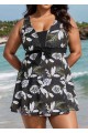 Plus Size Black Leaf Print Vintage Swimsuit With Shorts Swimdress Set