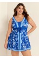 Plus Size Blue And White Floral Front Tie V Neck Swimsuit Swimdress Set