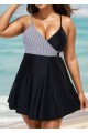 Black And White V Neck Striped Wrap One Piece Swimdress