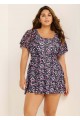 Romantic Floral Flounce Sleeve Square Neck Swimdress Set