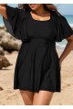 Black Ruffle Sleeves Square Neck Modest Plus Size Swimdress Swimsuit Top