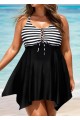 Black And White Striped Tie-Front Drawstring Asymmetrical Hem Swimdress Top