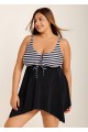 Black And White Striped Tie-Front Drawstring Asymmetrical Hem Swimdress Top
