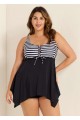 Black And White Striped Tie-Front Drawstring Asymmetrical Hem Swimdress Top