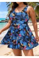 Romantic Blue Floral Print Back Cross Flowy Swim Dress Set