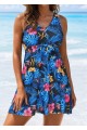 Romantic Blue Floral Print Back Cross Flowy Swim Dress Set