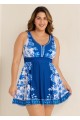 Curvy Blue And White Floral Cross Back Long Modest Two Piece Swimsuit Swimdress Set
