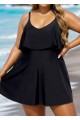 Black Layered Ruffle Trim Adjustable Strap Elegant One Piece Swimdress